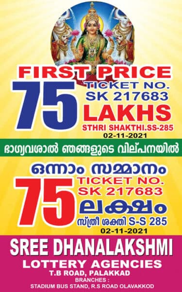 Sree Dhanalakshmi Lottery Agencies TB Road Palakkad Stadium Bus Stand RS Road Olavakkod Kerala Govt Lottery Tickets