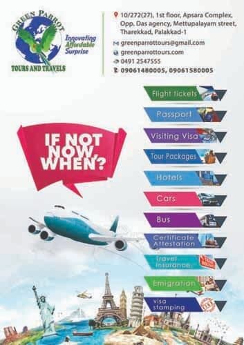 Green Parrot Tours and Travels, Mettupalayam Street, Palakkad – Choice Yellow Pages. Flight tickets, passport, visa, tour packages, hotels, cars, bus, certificate attestation & emigration.