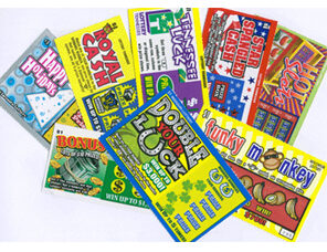 Colorful scratch card lottery tickets from local shops in Palakkad