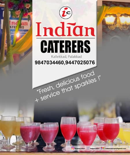 Indian Caterers promotional poster with tagline and drink glasses at the bottom.