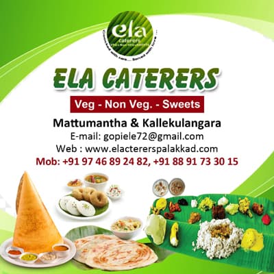 ELA Caterers, Mattumantha & Kallekulangara, Palakkad – offering Veg, Non-Veg, and Sweets catering services with food images.