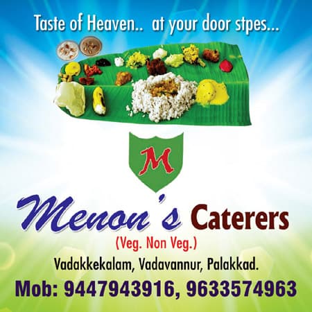 Menon’s Caterers poster showing veg and non-veg catering services with contact numbers in Palakkad