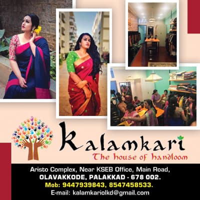 Kalamkari - The house of handloom in Olavakkode, Palakkad, featuring women in sarees, store interior photos