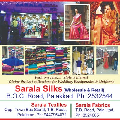 Sarala Silks in Palakkad showing store photos, saree models, fabric stacks, and contact details for Sarala Silks, Sarala Textiles, and Sarala Fabrics, specializing in school uniforms, wedding wear, and readymades.